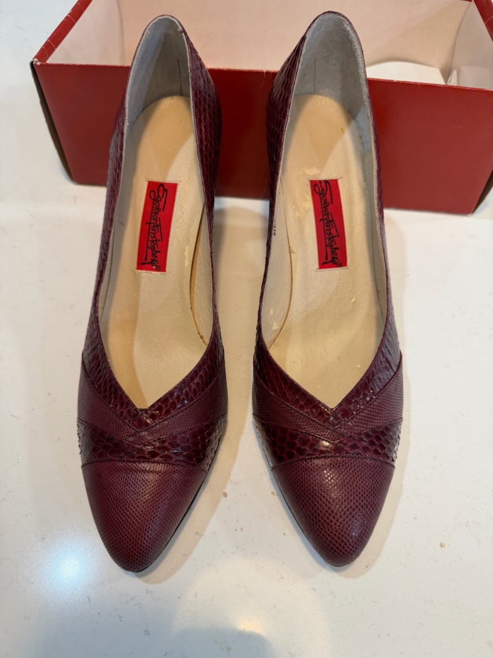 Pointed-Toe Leather Pumps in Burgundy
